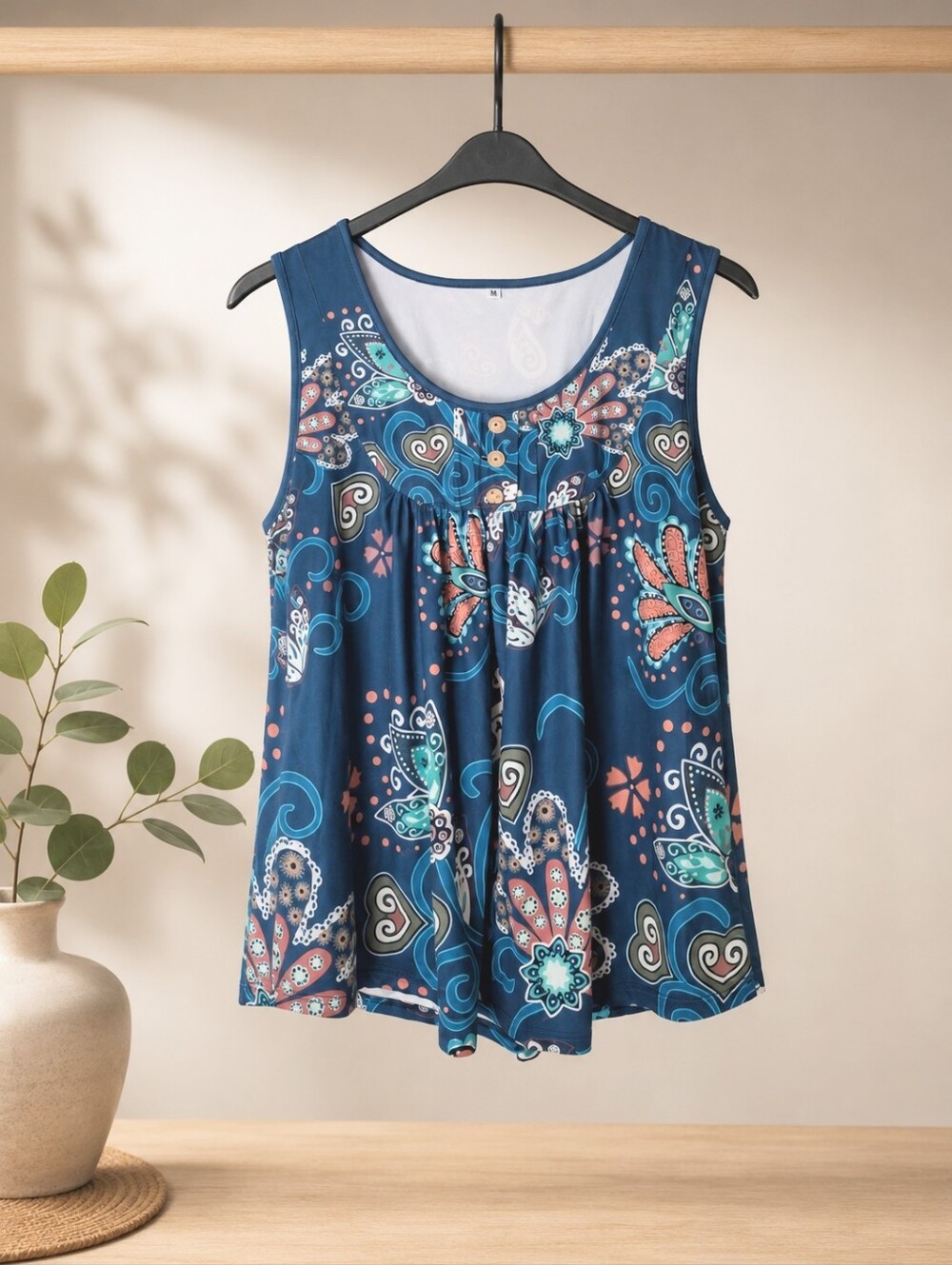 Women's Floral Paisley Sleeveless Tank Top Medium Blue Stretch Tunic Blouse - Picture 2 of 6